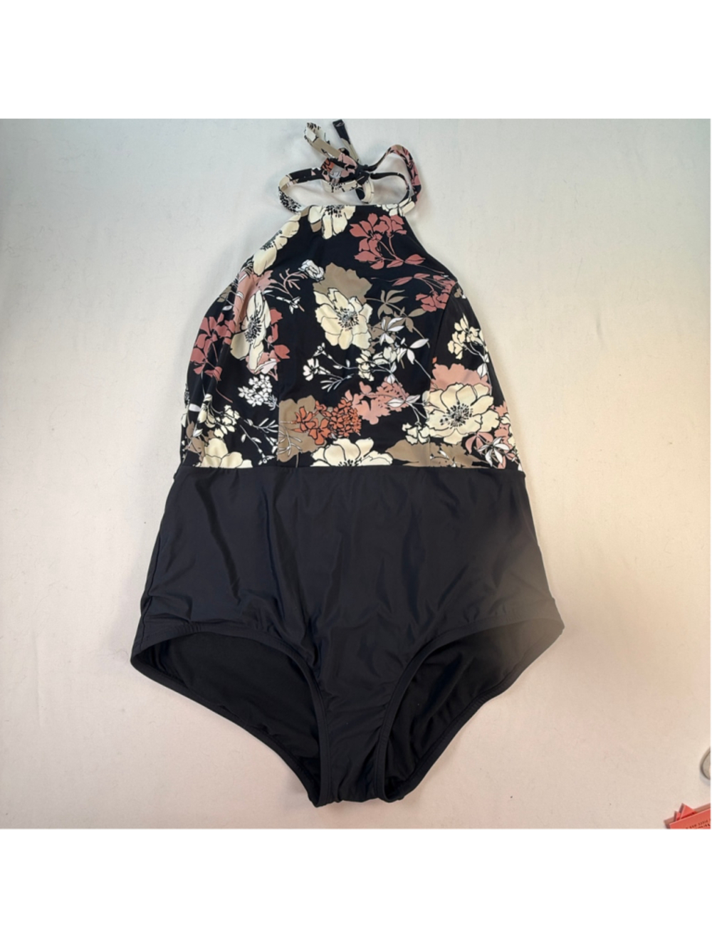Sea Angel Floral Halter One Piece Swimsuit Black Pink Tummy Control Size 2X